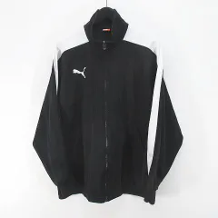 プーマ PUMA スポーツウェア トラック ジャケット ジャージ S-M 黒系 ブラック ジップアップ ロゴマーク ストライプ柄 ポケット 日本製