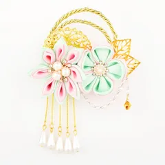 【新着商品】TOMAZON 可愛い 髪飾り 七五三 三歳 七歳 女の子 和風 つまみ細工 水滴 ペンダント 色合わせの花 リボン ヘアクリップ 成人式 和装 着物 レディース 結婚式 子供 卒業式 お祝い 贈り物 (グリーン)