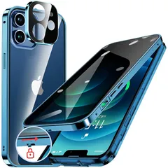 HGUTREY【覗き見防止・自動ポップアップボタン】 iPhone12 用 ケース 【ロック付き】【ストラップホール付き】一体型レンズ保護 両面9H強化ガラス あいふぉん12ケース 耐衝撃 アルミ バンパー メタルフレーム スマホケース 薄型 背面クリア  0