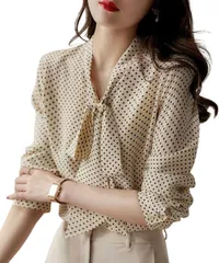 [Dep Club] ボウタイブラウス レディース ブラウス リボン 長袖 ドット柄 きれいめ トップス オフィスカジュアル ドット柄トップス ボウタイ シャツ ドット ドット柄服 春 秋 夏 春秋 (M, ベージュ) [ベージュ] [M]