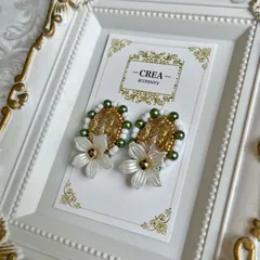 ココロン：一点物 アンティーク調 カメオビーズ ビーズ刺繍 イヤリング ピアス