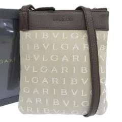 【本物保証】 箱付 新品同様 ブルガリ BVLGARI ロゴマニア フラットポーチ 22588 ショルダーバッグ キャンバス×レザー ベージュ 斜め掛け