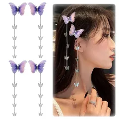 YANHUILAY 蝶 ヘアピン【4本セット】 蝶 ヘアクリップ 前髪クリップ 可愛い 髪飾り タッセル付き 揺れる 閃光を放つ 蝶 髪留め おしゃれ 人気 ヘアアクセサリー 浴衣 着物 誕生日 結婚式 パーティー 贈り物 レディース パープル 1