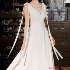 ウエディングドレス ロングドレス リボン セクシー キャミ サテン エレガント ホワイト 結婚式 前撮り  二次会 お洒落 上品 大人 0754