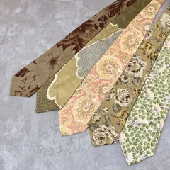 【シルクネクタイ 5本セット】花柄 ペイズリー柄 ボタニカル柄 総柄 緑系 ブラウン系 ゴールド系 ノーブランド ヴィンテージ調 メンズ ビジネス カジュアル まとめ売り 状態良好 個性派 おしゃれ ビジネス　フォーマル ハンドメイド リメイク素材に