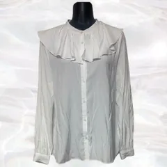 GU　ジーユー　シャツ　ホワイト　レディース　無地　フリルシャツ　ブラウス　シンプル　長袖　薄手　透け感あり　ノーカラー