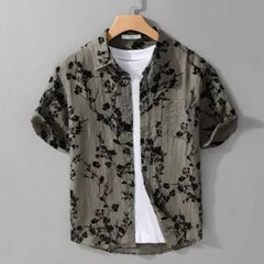 種類4：L /C：ブラック半袖  メンズ ファッション 服 男性用 オシャレ シンプル 大人 かっこいい ストリート フロッキング フローラル ジャカード 半袖 シャツ 夏 プリント トップス カジュアル 