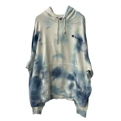 Champion プリントスウェット パーカー XL ホワイト ブルー チャンピオン フーディー プルオーバー 総柄古着卸 アメリカ仕入 a709-5578
