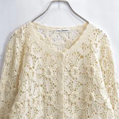 80〜90s Sunny Madonna フラワーモチーフ デザイン クロシェニット カーディガン ウール ヴィンテージ かぎ針編み オフホワイト ビンテージ 古着 レディースL〜相当