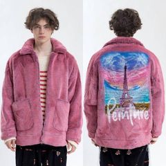 doublet ダブレット　ハンドペイント　ファーコート　赤　Mサイズ doublet ダブレット HAND-PAINTED FUR JACKET エッフェル塔