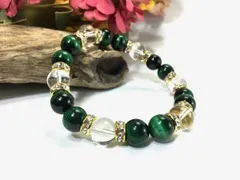 グリーンタイガーアイ×水晶 パワーストーン ブレスレット 天然石  10mm（ゴールド）メンズ・レディース 男性・女性 数珠ブレス 開運   [c]