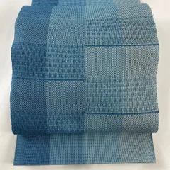 名古屋帯 秀品 夏帯 八寸名古屋帯 松葉仕立て トンネル仕立て仕立て 縞模様 幾何学模様 水色 正絹 【中古】