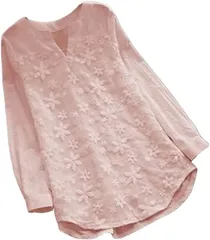emptio エンプティオ 花柄 ブラウス 長袖 レディース シフォン チュニック 襟なし エレガント トップス ユッタリ ピンク色(サーモンピンク,  2XL)