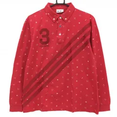アディダス 長袖ポロシャツ レッド×白 総柄 斜め3ライン メンズ L/G ゴルフウェア adidas
