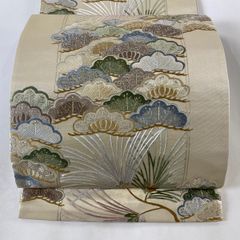 袋帯 秀品 藤林徳扇 落款 ワンポイント柄 山並み 銀糸 銀色 全通
