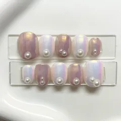 【サイズオーダー】ネイルチップ　ショートオーバル　ベリーショート　レギュラーオーバル　ショートバレリーナ　オーロラ　ピンク　ホワイト　パール　かわいい　シンプル