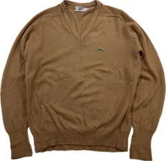 80s ☆ LACOSTE 糸巻きタグ ビンテージ ラコステ ブラウン Ｖネック ニット 薄手 セーター M 秋冬 アメカジ プレッピー 大人 古着■S3800のサムネイル