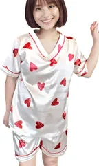 Sweet Baku SweetBaku レディースルームウエア パジャマ 部屋着 半袖 Vネック ショートパンツ 上下セット(白ハート,  XS Regular)