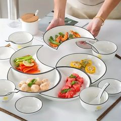 ムーンデザイン セラミックプレート3/4/5個セラミックの食器セット、再会の食器セット、月の形のホットポット用サービングプレート、新年や春節に適して、家族のホットポットパーティーや集まり、ピクニック、キャンプ、バーベキュー、食器、キッチン用品に適しています。