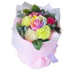 新品　ソープフラワー花束 レインボーローズ1個 母の日 花 ギフト プレゼント SａｉｋａＬｉｆｅ 誕生日 スタンディングブーケ バラ カーネーション 造花