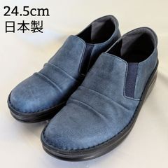 【極美品】A-OK エーオーケー エーオーク 8303 レザーシューズ 4E レザー 本革靴 カジュアルシューズ スニーカー スリッポン 紺 レディース靴 履きやすい 幅広 幅が広い ワイド 外反母趾 広い 仕事履き フラットシューズ 24.5cm LL