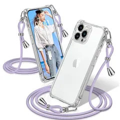 iPhone 12 Pro ケース クリア ショルダー 耐衝撃 iPhone12Pro スマホケース 透明 織りストラップ付き 肩がけ 首掛け 紐付き アイフォン12Pro カバー 縄掛け シングルショルダーロープ 斜めがけ 調節可能なショルダー クロスボ 0