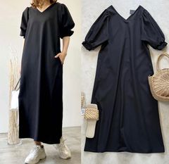 新品夏最新作！美シルエットボリュームスリーブワンピース黒バルーンスリーブワンピース