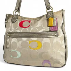美品 COACH コーチ トートバッグ ポピー シグネチャー キャンバス ベージュ マルチカラー プリント ゴールド 22472