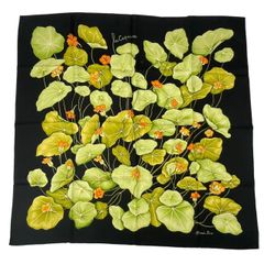 極美品 HERMES エルメス カレ90 シルク スカーフ LES CAPUCINES 金蓮花 ブラック