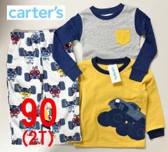 新品 3点 90 ★ Carters カーターズ キッズ フリース パジャマ 上下 セット 2T 四駆 車 イエロー ネイビー  ルームウェア 長袖 ロングパンツ コットンTシャツ ボーイズ ベビー 男の子 長ズボン ロングスリーブ 3PC Pajamas