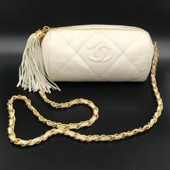 良品 CHANEL シャネル ココマーク 本リザード フリンジ チェーン ショルダー バッグ 白 ｍ9304