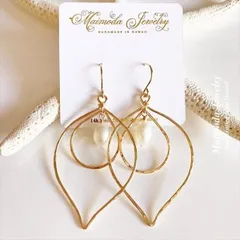 [ハワイ直輸入] ホワイトパール ティアドロップ ダブルフープ ゴールド ピアス