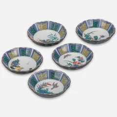 九谷焼　泰山窯　絵変わり　高台小鉢揃　5客 九谷焼、清山作角皿 九谷青窯 - 九谷焼 清山窯 絵変わり 高台小鉢揃