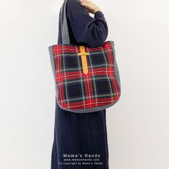 おしゃれな  軽い 赤 チェック ヌメ革 (中) 秋 冬 春 トートバック