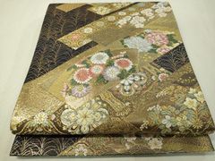 服部織物　正絹袋帯　京都西陣　六通柄　フォーマル用　金糸　花唐草　吉祥更紗花文 SOUBIEN 袋帯 訳あり 未仕立て 金 宝相華 唐花 京都西陣織 証紙