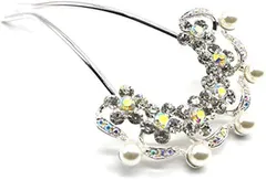 Miaomyao ミャオミャオ 簪 かんざし バチ型 髪飾り 和装 金属 パール ビジュー ティアラ モチーフ コーム キラキラ シルバー ヘアアクセサリー(銀,  大きめ)