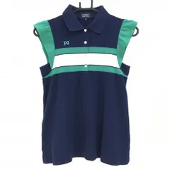 ★値下げ★パーリーゲイツ ノースリーブポロシャツ ネイビー×グリーン 袖口フリル 胸元ライン レディース 0(S) ゴルフウェア PEARLY GATES