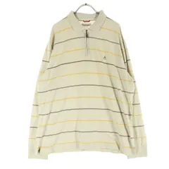 美品 Hush Puppies ハッシュパピー ワンポイント ボーダー柄 長袖 ハーフジップ ポロシャツ LL ベージュ系 メンズ 古着