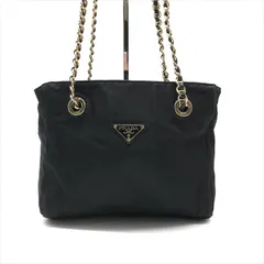 良品 PRADA プラダ テスート ナイロン チェーン ゴールド金具 三角ロゴ トート ショルダー バッグ ブラック 黒 ブランド レディース k5722