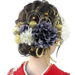[JZOON] 成人式 髪飾り【10色展開】 ドライフラワー ダリア あじさい かすみ草 造花飾り ヘアアクセサリー 和玉 赤 ゴールド 水引 ヘッドパーツ 振袖 着物 卒業式 七五三 浴衣 袴 結婚式用 手作り 専用ケース付き Y3336 ダークブルー