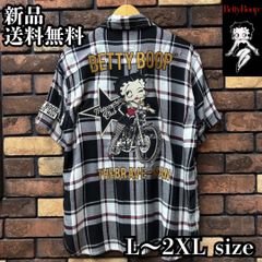 【BETTY BOOP/ベティブープ レーヨン刺繍半袖チェックシャツ】BRAVE-MAN ブレイブマン コラボ ベティちゃん 刺繍 半袖シャツ バイク バイカー アメカジ ユニセックス BBB-2521 ブラック 新品 未使用 正規品 送料無料
