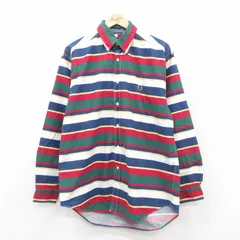 L/古着 トミーヒルフィガー 長袖 ブランド シャツ メンズ 90s ロング丈 コットン ボタンダウン 緑他 グリーン ボーダー spe 25oct15 中古 