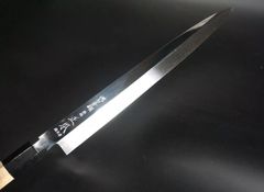 【大阪銀華刃物】二唐刃物水本焼き木砥両面波浮かし青二鋼先丸柳刃300mm 大阪銀華刃物】二唐刃物水本焼き木砥両面波浮かし青二鋼先丸柳刃300mm