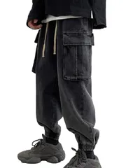 [ブブ オーハナ] イージー デニム パンツ ジーンズ ワイド ジョガー ジーパン カーゴ ポケット カジュアル メンズ 男性 用 春 夏 秋 冬 服 サルエル ゆったり 大きめ 紐 ドローコード デニムパンツ くろ 黒 (L,  [ライト ブラック] [L]