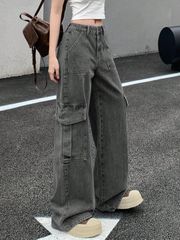 レトロ加工 レースパッチワーク ワイドレッグ ハイウエスト