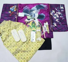 七五三 五歳 男児 羽織袴フルセット 着物 M寸 豪華絢爛 金刺繍 綸子地 赤紫系 鷹 お仕立て無料 袴変更可能 祝着 NO37844