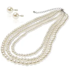 [LunArts] パールネックレス 3連 （ピアス） セット 8mm 真珠 冠婚葬祭 結婚式 真珠ネックレス 公式宝珠
