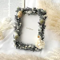 ギフト｡:+*　プリザーブドフラワー×ドライフラワー フォトフレーム01 / くすみブルー×ホワイト / フラワーギフト 両親贈呈品 ウェディング 母の日 引っ越し祝い 出産祝い