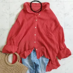 美品【Ungridアングリッド】 楊柳ビッグルーズシャツオレンジ フリーサイズ  リネン混 ゆったり