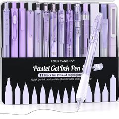 新品 ジェルボールペンセット 可愛いノート型ゲルペン 0.5mm12本ボールペン＆2本蛍光ペン 速乾性インク かきやすい 学校 ノート 筆記 メモ 学生文房具に最適-紫